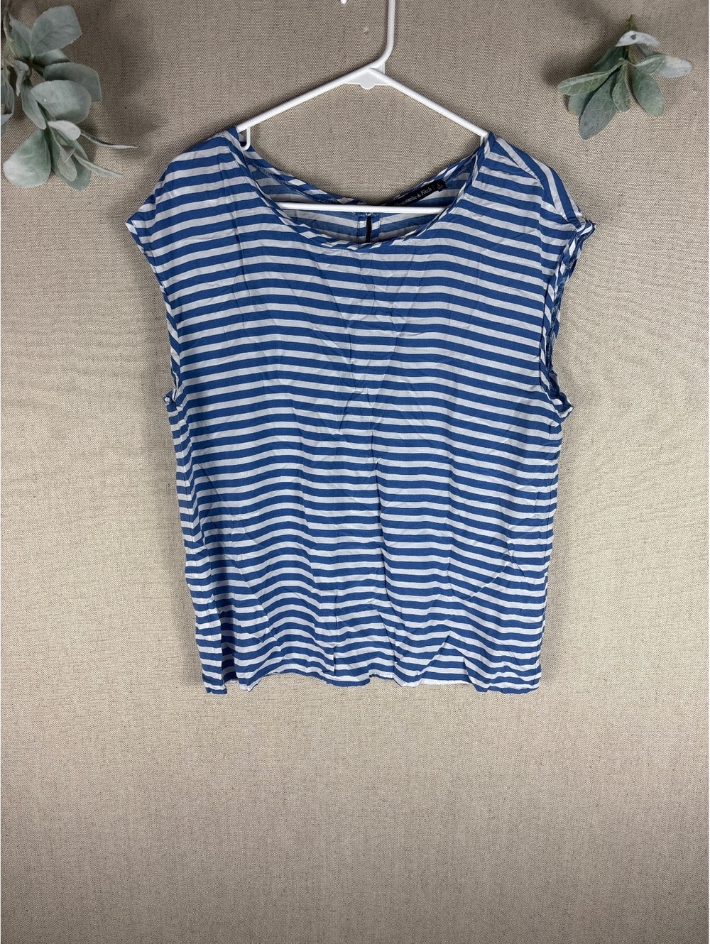 Abercrombie & Fitch > Blue Striped Cap Sleeve Back Button Shirt Large
